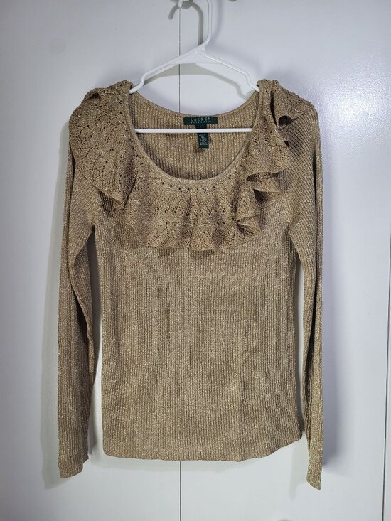 LAUREN RALPH LAUREN Womens L Gold Metallic Silk Polyester Ribbed Sweater Ruffle - Picture 2 of 7